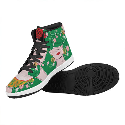 Frida Kahlo And Pink Floral Print High Top Leather Sneakers