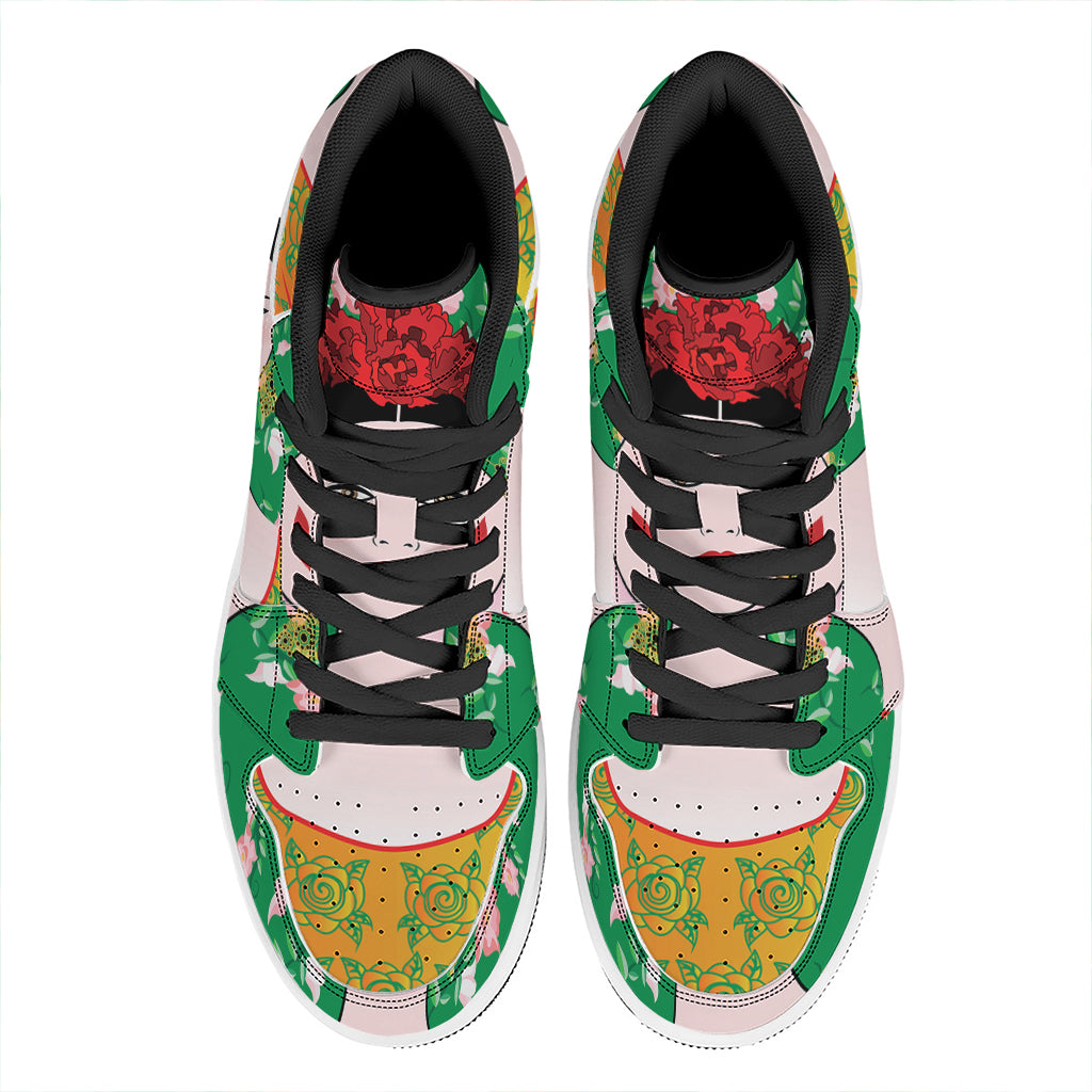 Frida Kahlo And Pink Floral Print High Top Leather Sneakers