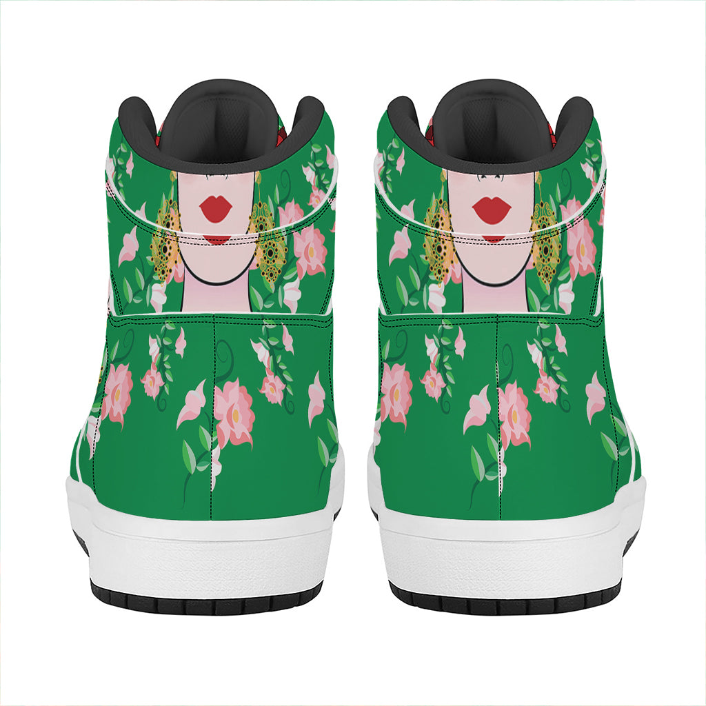 Frida Kahlo And Pink Floral Print High Top Leather Sneakers