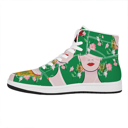 Frida Kahlo And Pink Floral Print High Top Leather Sneakers
