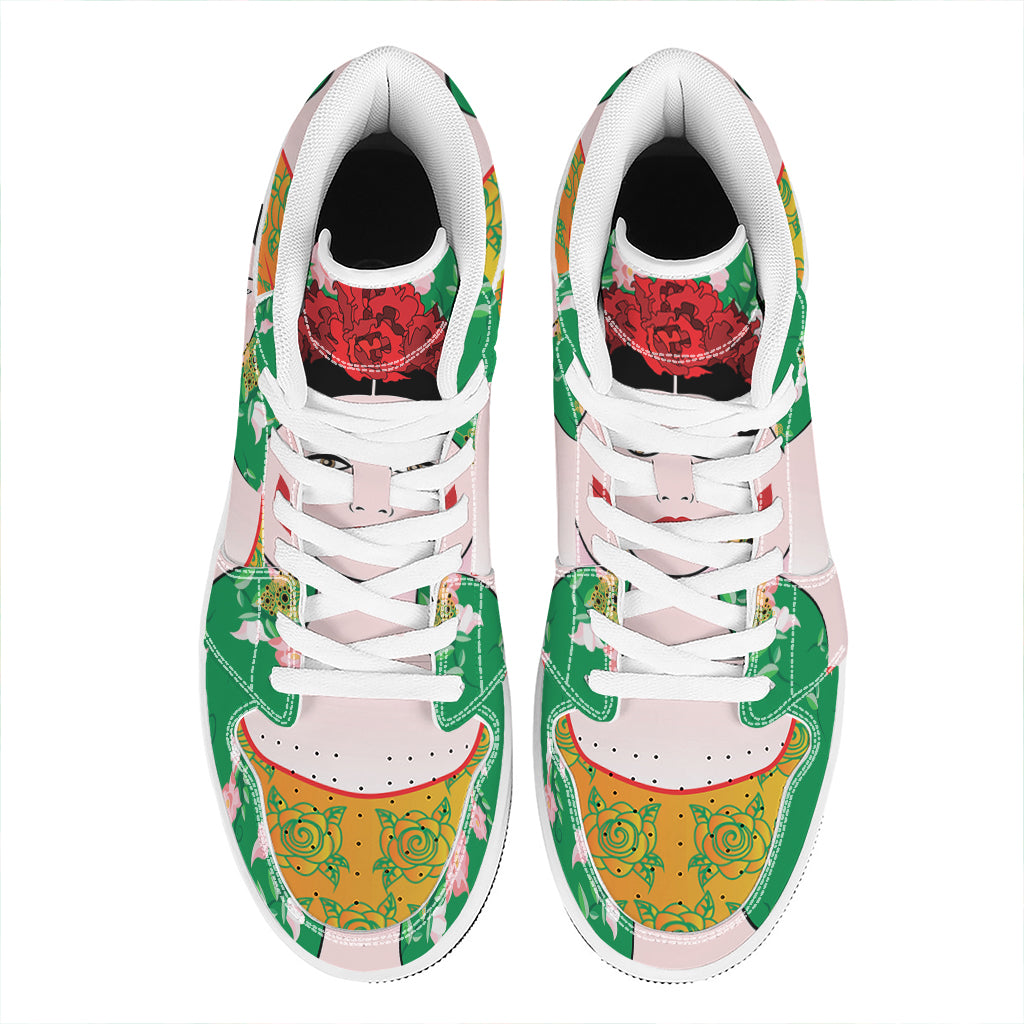 Frida Kahlo And Pink Floral Print High Top Leather Sneakers