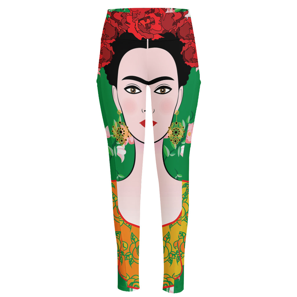 Frida Kahlo And Pink Floral Print High-Waisted Pocket Leggings