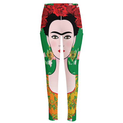 Frida Kahlo And Pink Floral Print High-Waisted Pocket Leggings