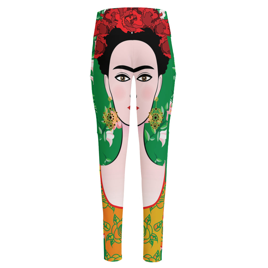 Frida Kahlo And Pink Floral Print High-Waisted Pocket Leggings