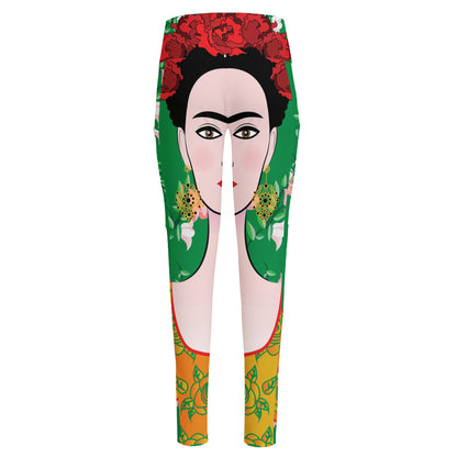 Frida Kahlo And Pink Floral Print High-Waisted Pocket Leggings