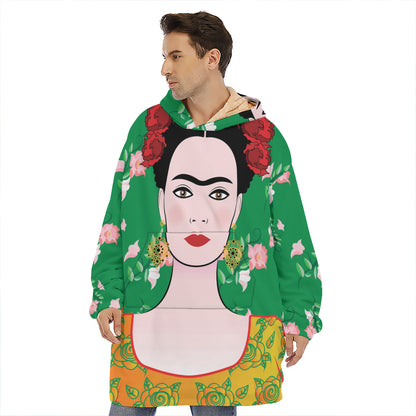 Frida Kahlo And Pink Floral Print Hoodie Blanket