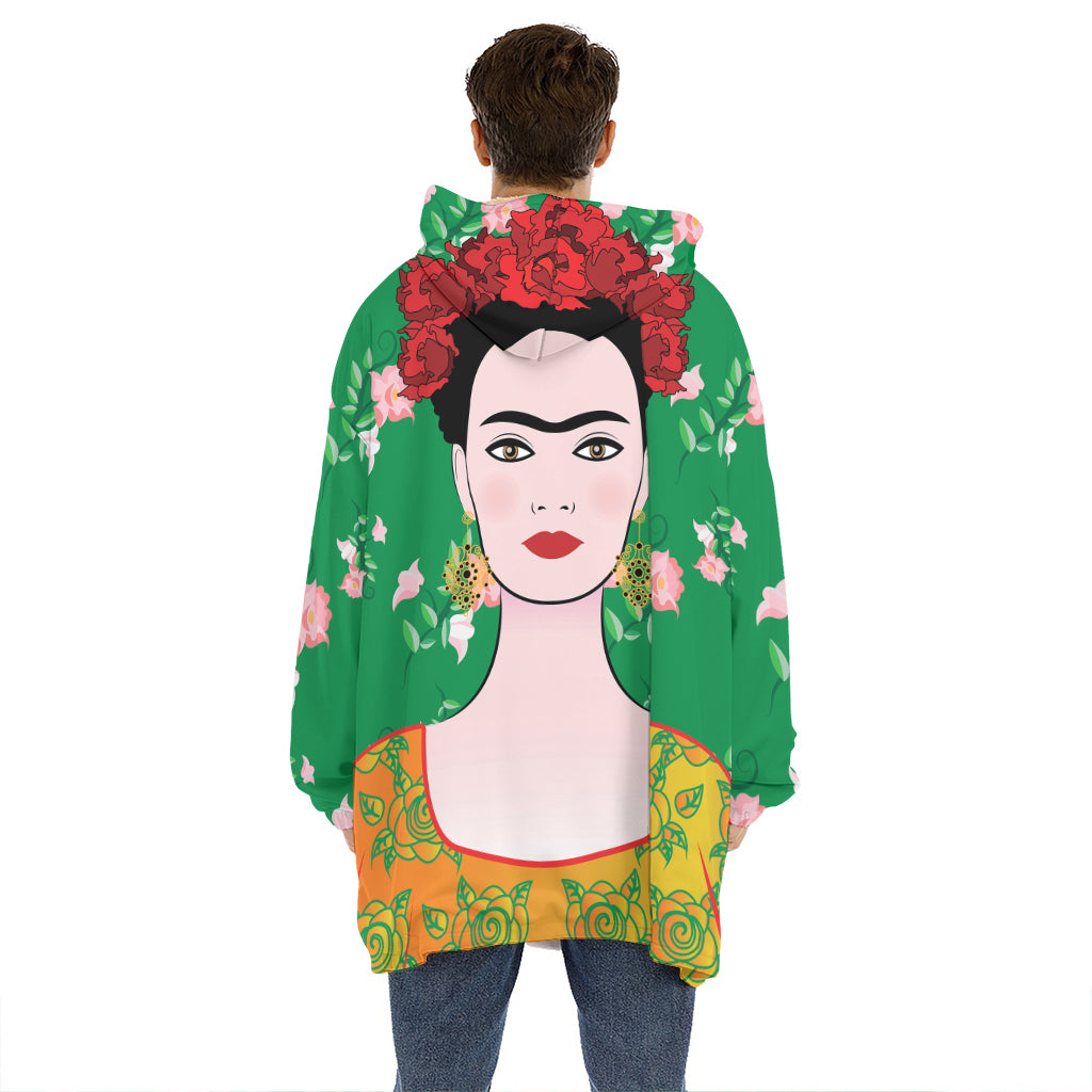 Frida Kahlo And Pink Floral Print Hoodie Blanket