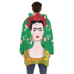 Frida Kahlo And Pink Floral Print Hoodie Blanket