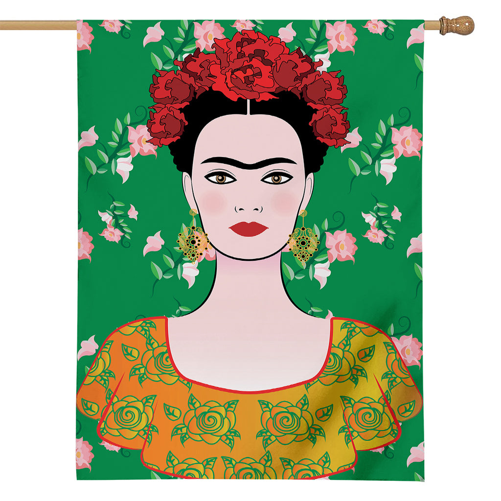 Frida Kahlo And Pink Floral Print House Flag