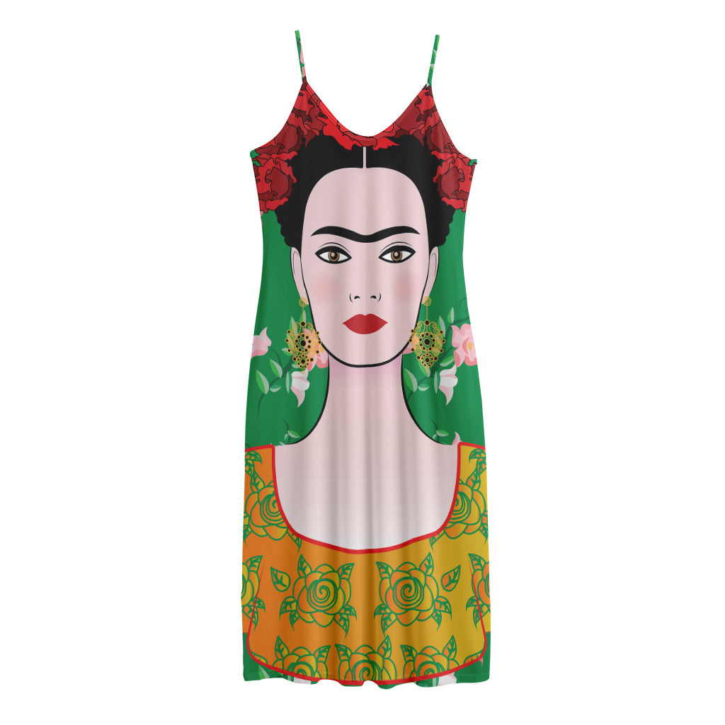 Frida Kahlo And Pink Floral Print Jersey Midi Cami Dress