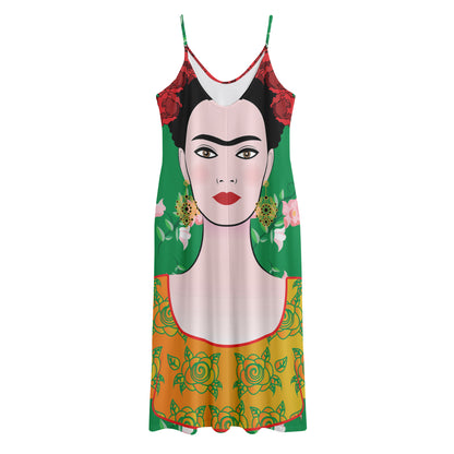 Frida Kahlo And Pink Floral Print Jersey Midi Cami Dress