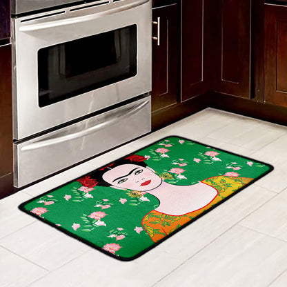 Frida Kahlo And Pink Floral Print Kitchen Mat