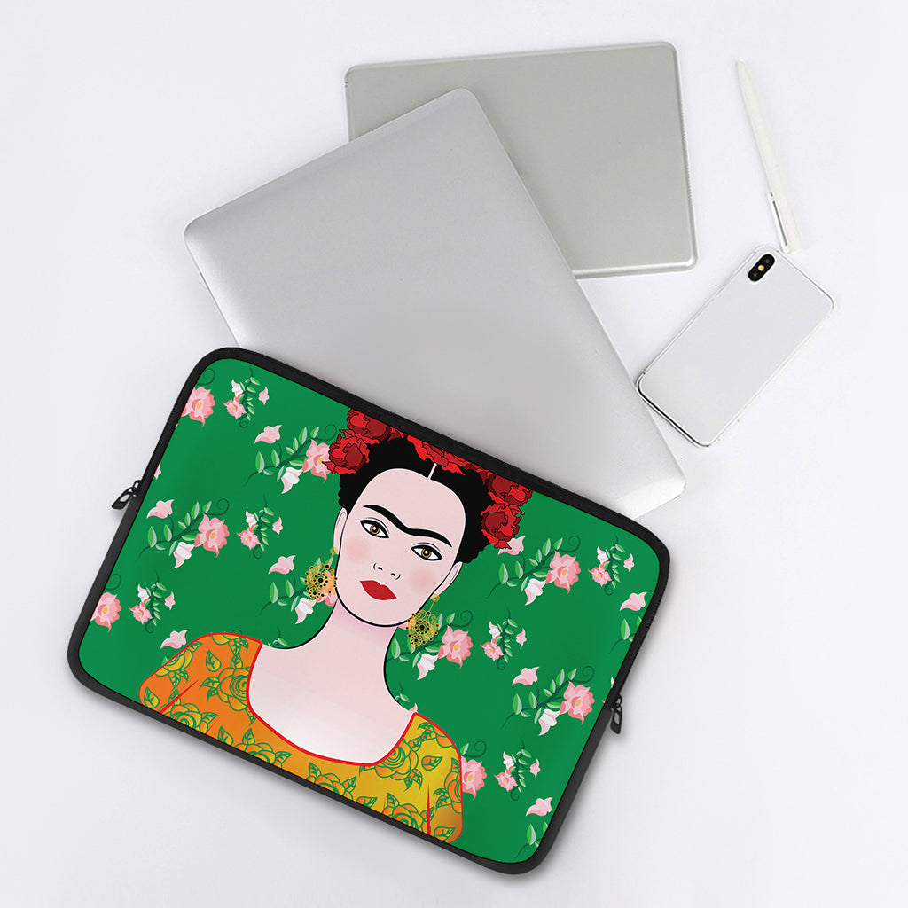 Frida Kahlo And Pink Floral Print Laptop Sleeve