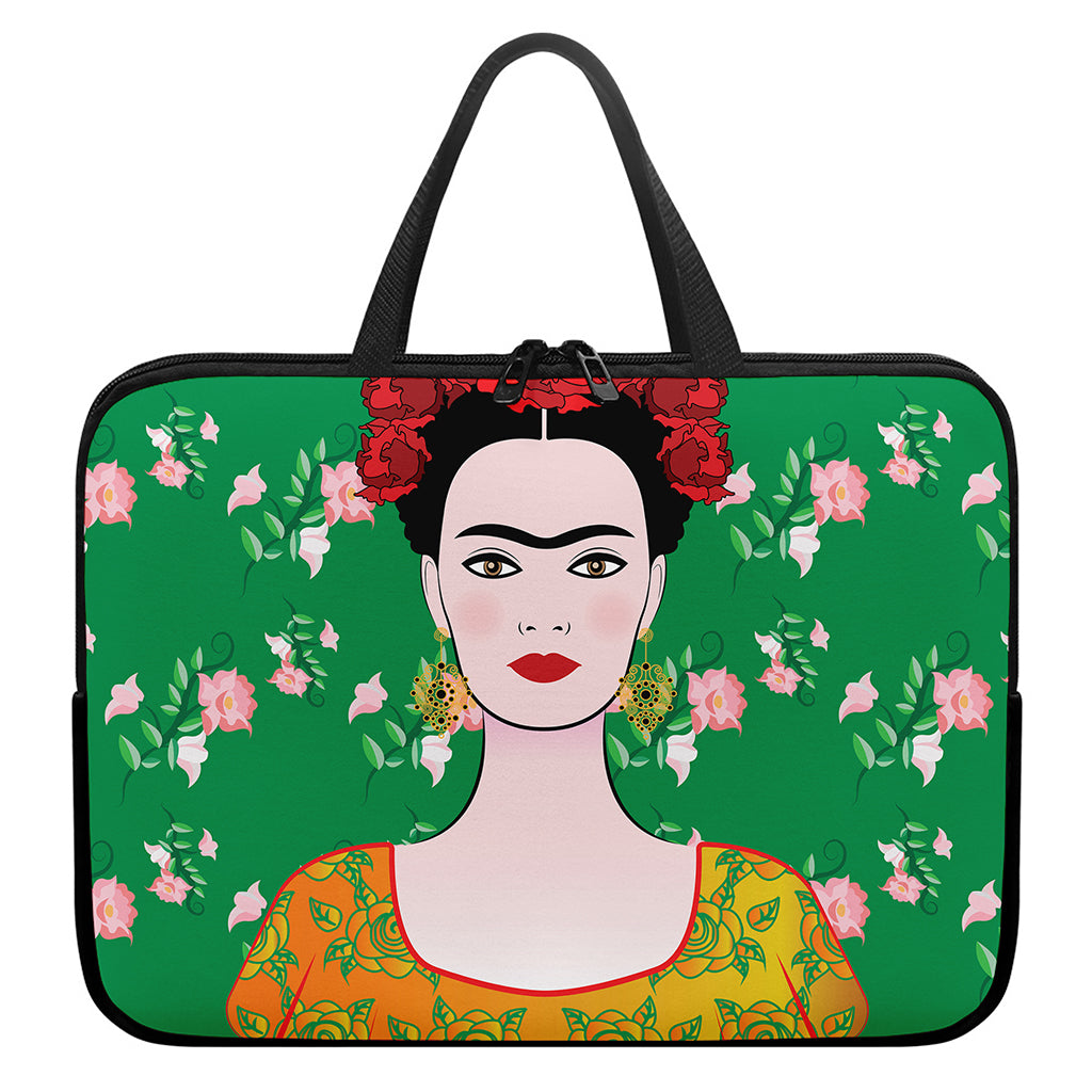 Frida Kahlo And Pink Floral Print Laptop Sleeve With Handle