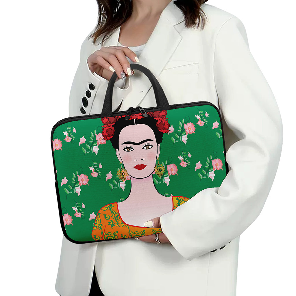 Frida Kahlo And Pink Floral Print Laptop Sleeve With Handle