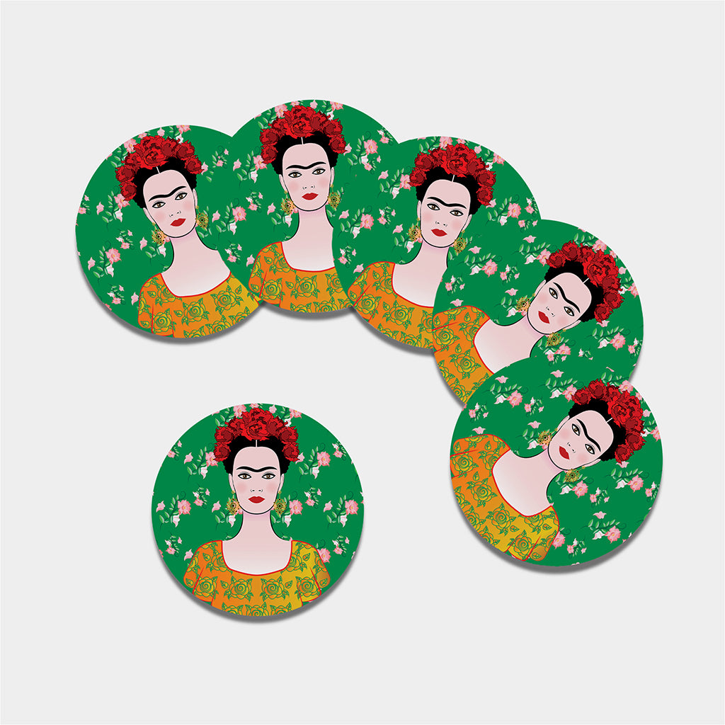 Frida Kahlo And Pink Floral Print Leather Coaster Set