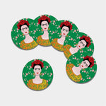 Frida Kahlo And Pink Floral Print Leather Coaster Set