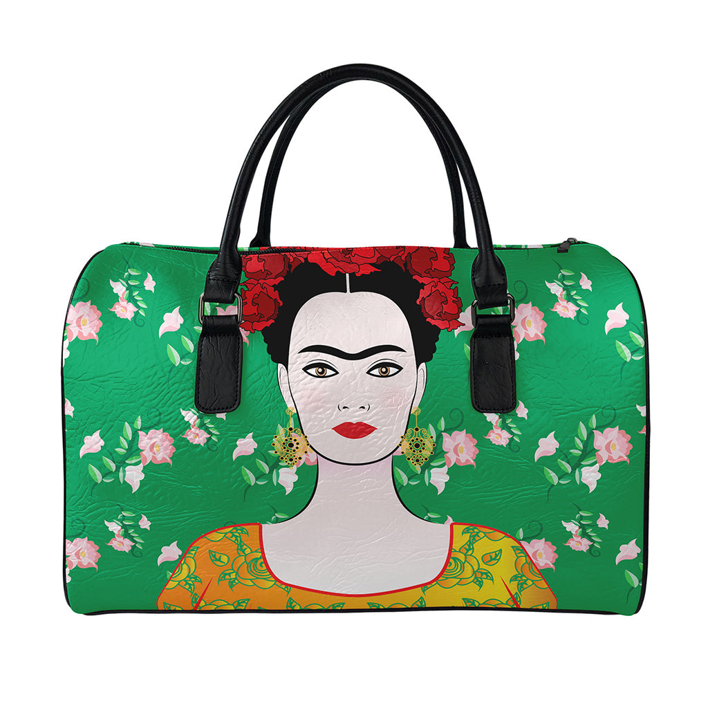Frida Kahlo And Pink Floral Print Leather Duffle Bag