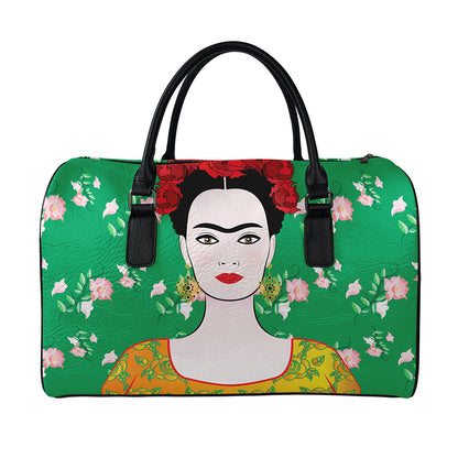 Frida Kahlo And Pink Floral Print Leather Duffle Bag