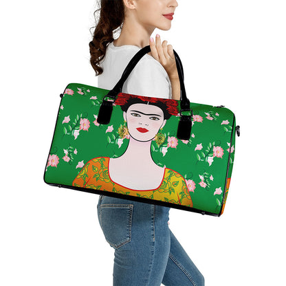Frida Kahlo And Pink Floral Print Leather Duffle Bag