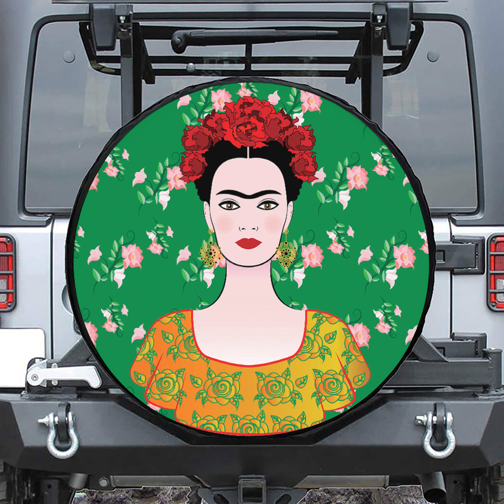 Frida Kahlo And Pink Floral Print Leather Spare Tire Cover