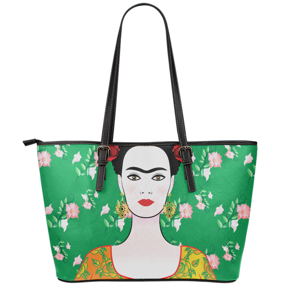 Frida Kahlo And Pink Floral Print Leather Tote Bag