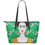 Frida Kahlo And Pink Floral Print Leather Tote Bag