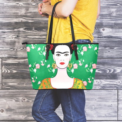 Frida Kahlo And Pink Floral Print Leather Tote Bag