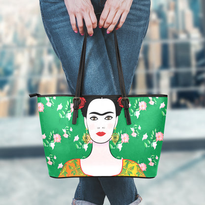 Frida Kahlo And Pink Floral Print Leather Tote Bag