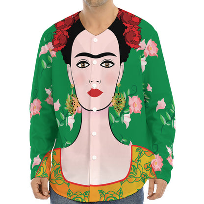Frida Kahlo And Pink Floral Print Long Sleeve Baseball Jersey
