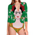 Frida Kahlo And Pink Floral Print Long Sleeve Swimsuit