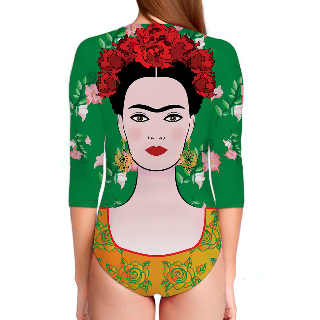 Frida Kahlo And Pink Floral Print Long Sleeve Swimsuit