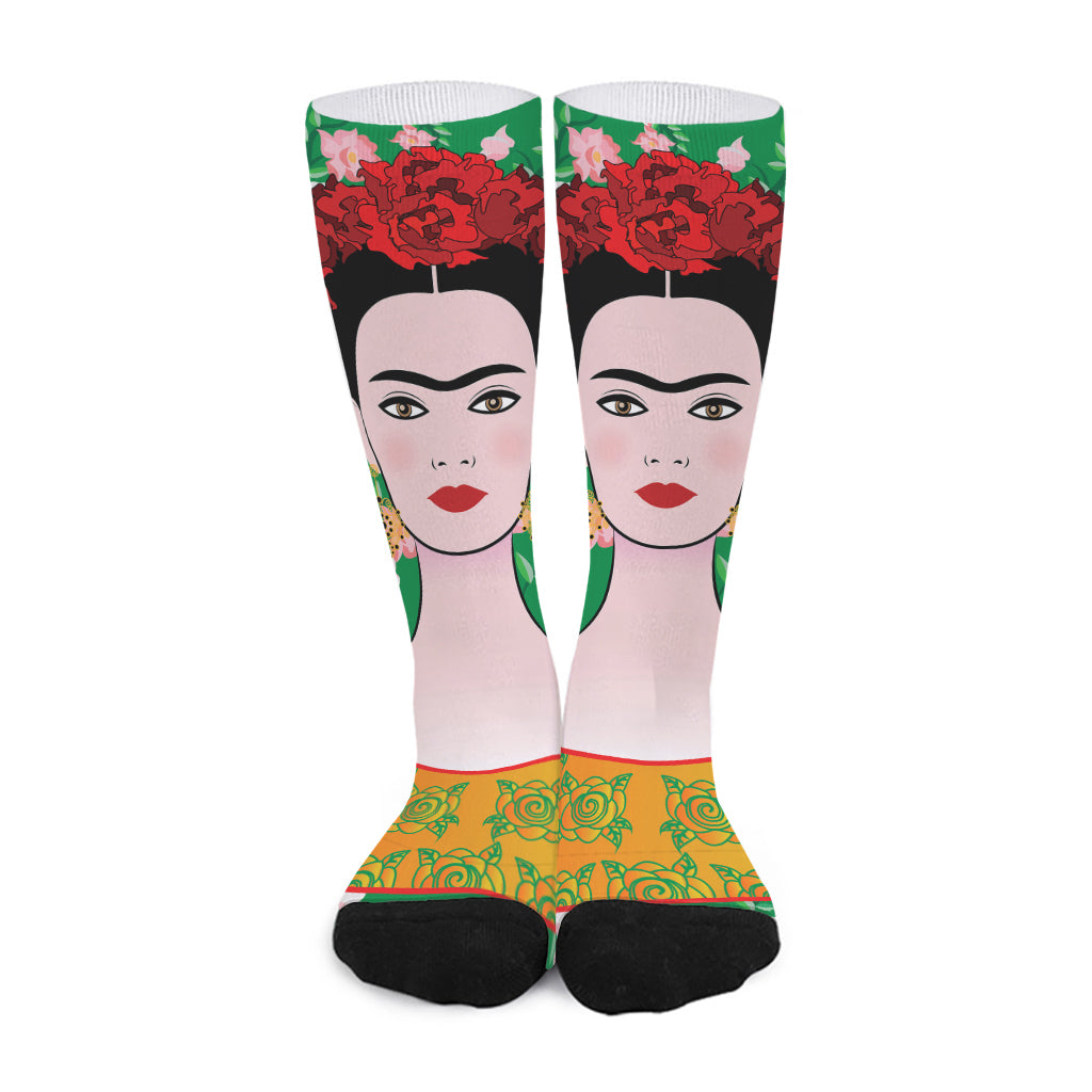 Frida Kahlo And Pink Floral Print Long Socks