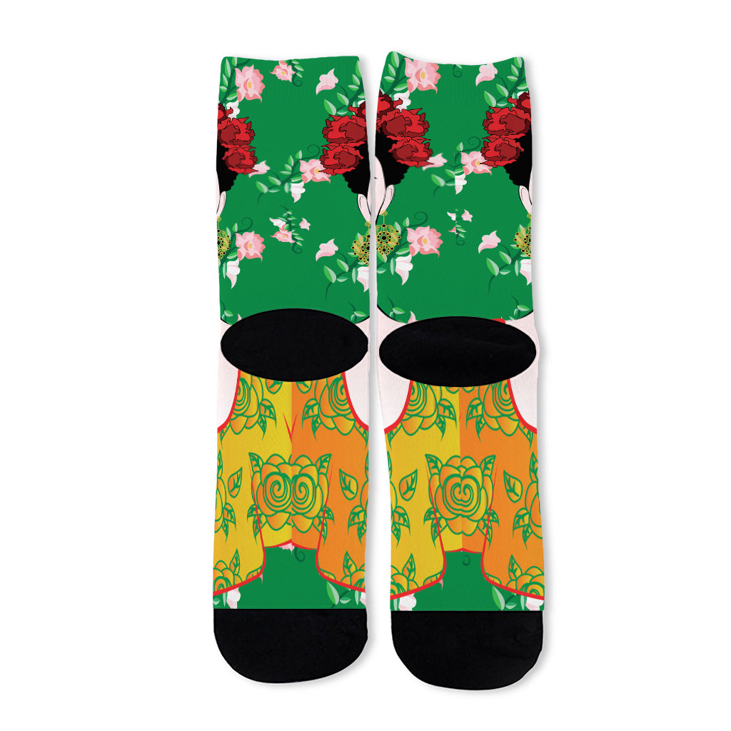 Frida Kahlo And Pink Floral Print Long Socks