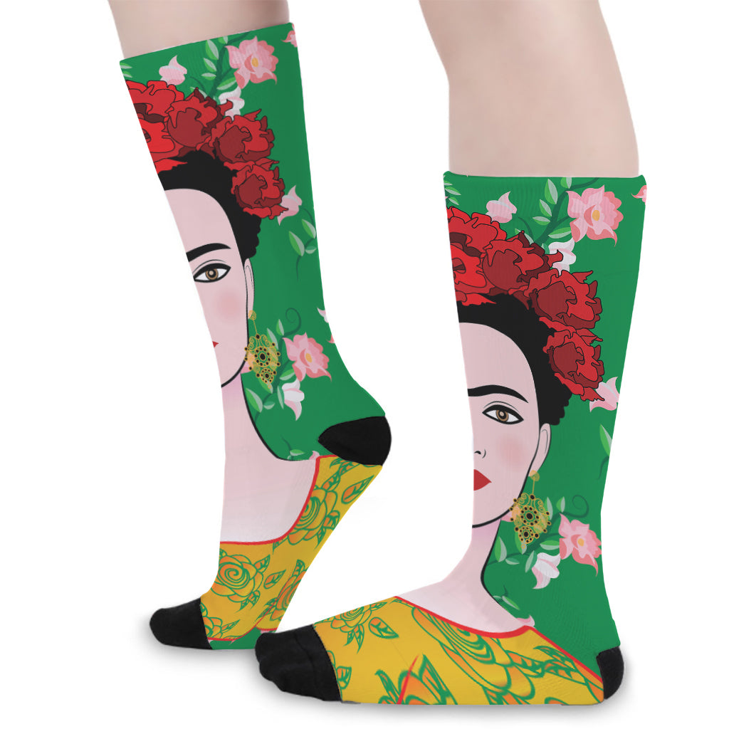 Frida Kahlo And Pink Floral Print Long Socks