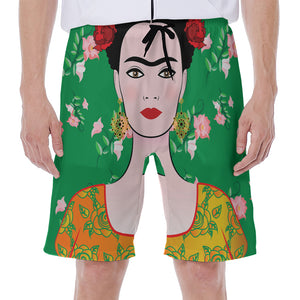 Frida Kahlo And Pink Floral Print Men's Beach Shorts