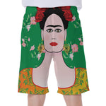 Frida Kahlo And Pink Floral Print Men's Beach Shorts