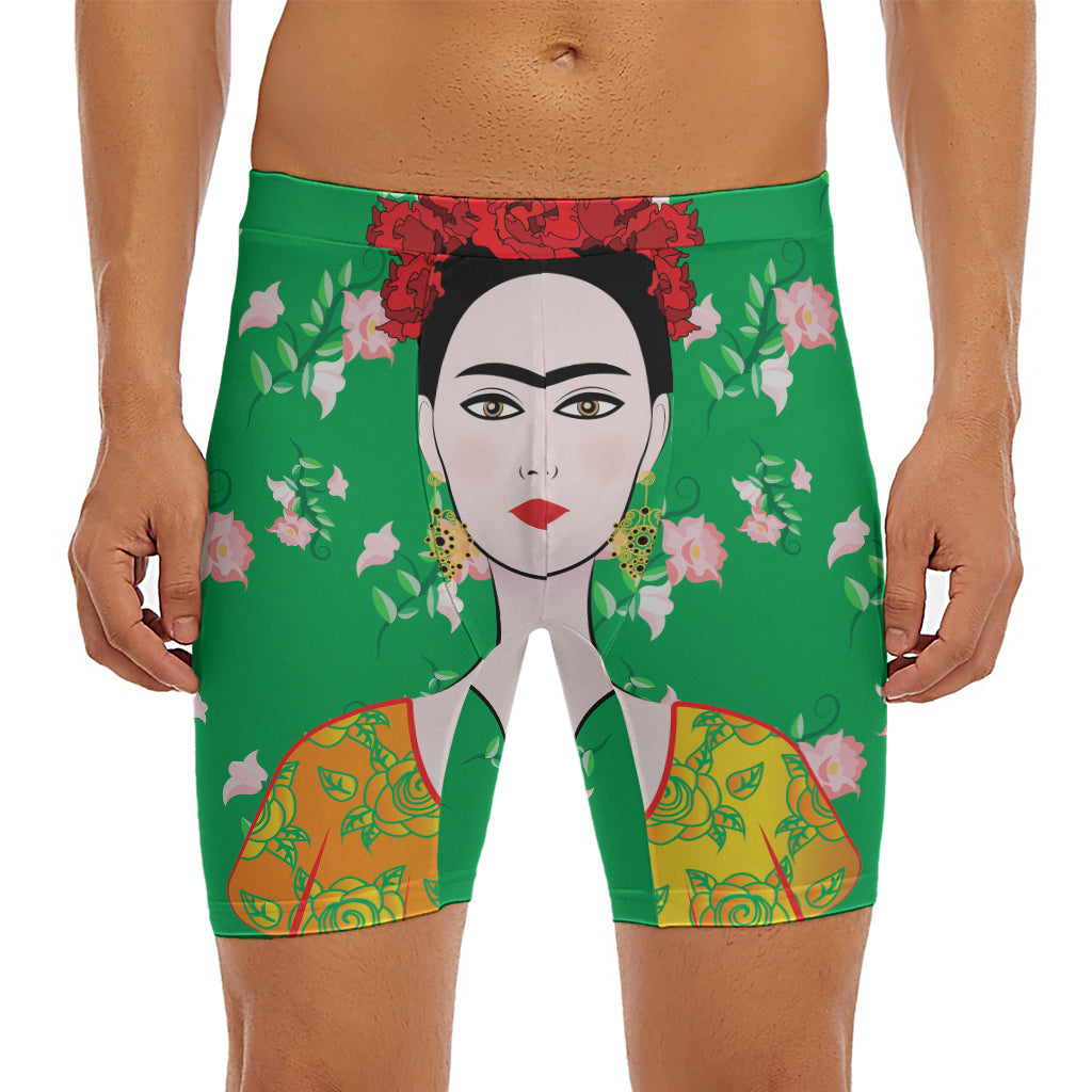 Frida Kahlo And Pink Floral Print Men's Long Boxer Briefs
