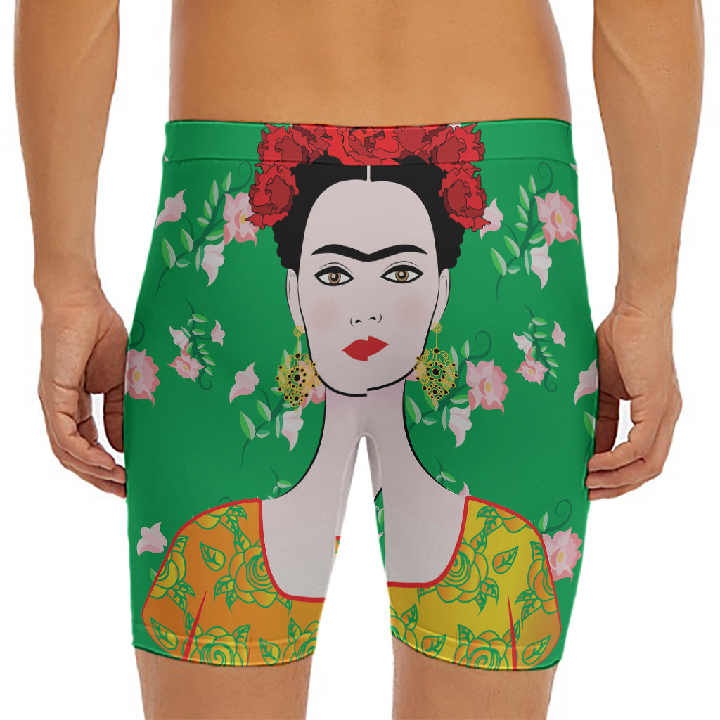 Frida Kahlo And Pink Floral Print Men's Long Boxer Briefs