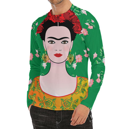 Frida Kahlo And Pink Floral Print Men's Long Sleeve Rash Guard