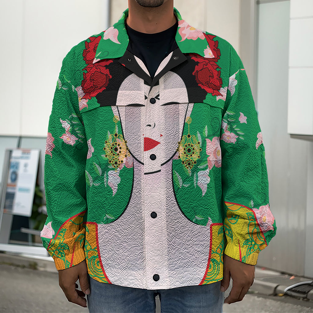 Frida Kahlo And Pink Floral Print Men's Shirt Jacket