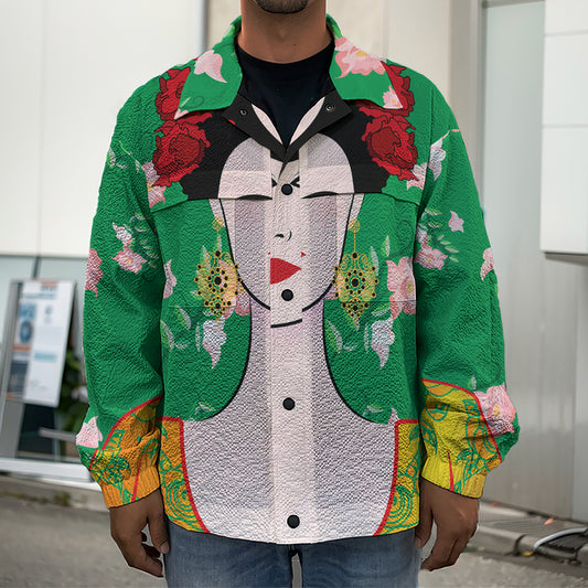 Frida Kahlo And Pink Floral Print Men's Shirt Jacket