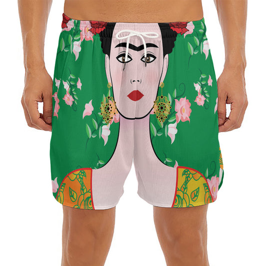 Frida Kahlo And Pink Floral Print Men's Split Running Shorts