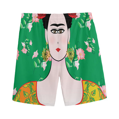 Frida Kahlo And Pink Floral Print Men's Sports Shorts