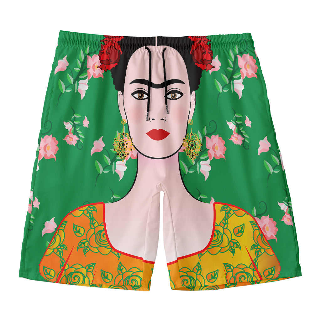 Frida Kahlo And Pink Floral Print Men's Swim Trunks