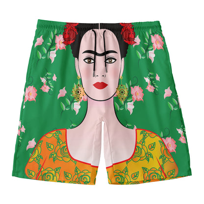 Frida Kahlo And Pink Floral Print Men's Swim Trunks