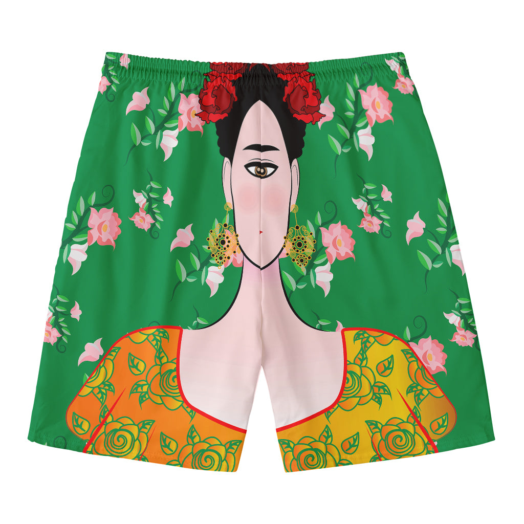 Frida Kahlo And Pink Floral Print Men's Swim Trunks