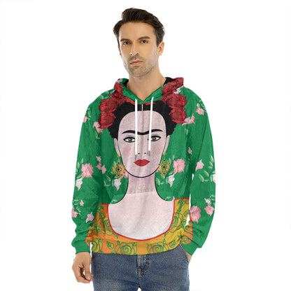 Frida Kahlo And Pink Floral Print Men's Velvet Pullover Hoodie