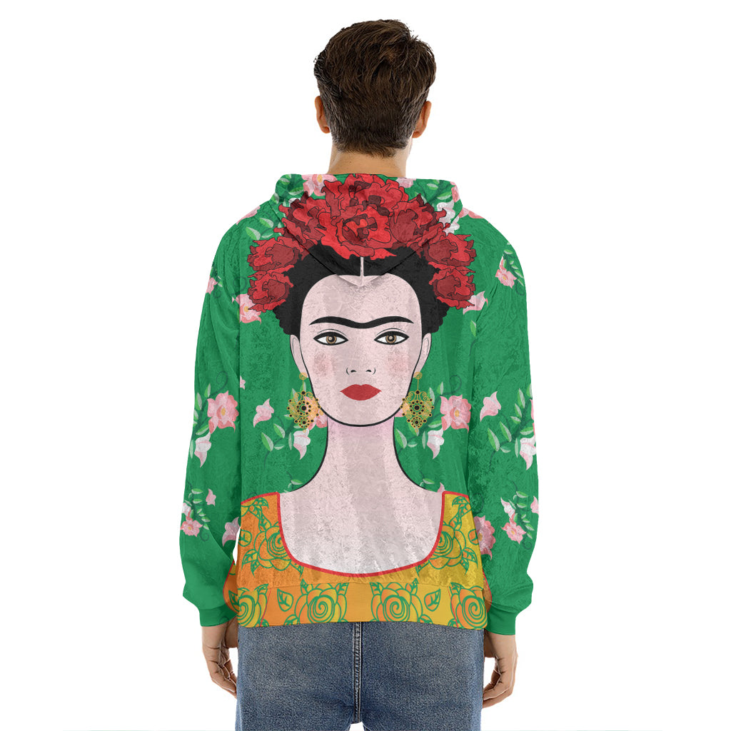 Frida Kahlo And Pink Floral Print Men's Velvet Pullover Hoodie
