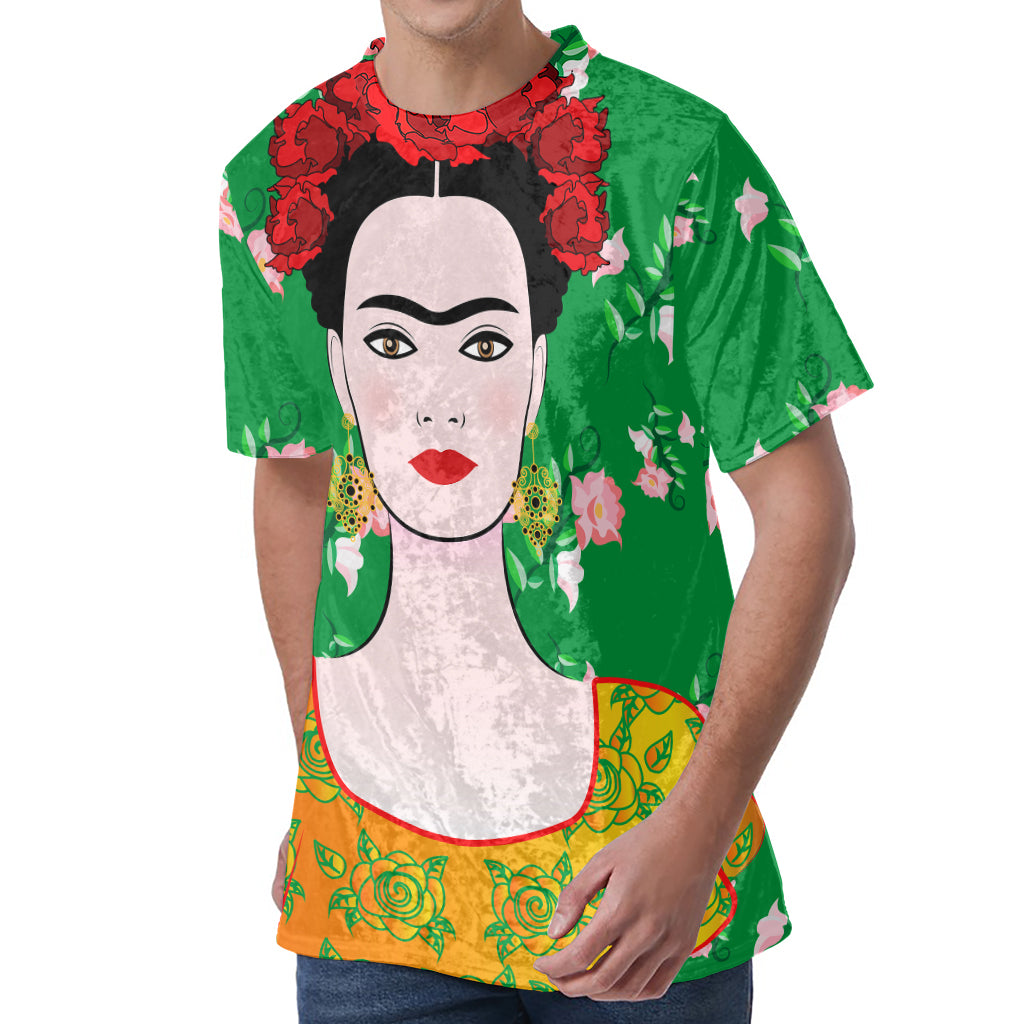 Frida Kahlo And Pink Floral Print Men's Velvet T-Shirt